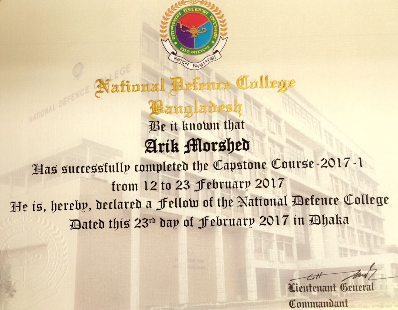 National Defence College Bangladesh - Capstone Course 2017